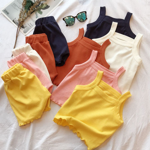 Girls' Set  Summer New Baby Korean Style Solid Color Soft Comfort Sleeveless Tank Top and Short Set