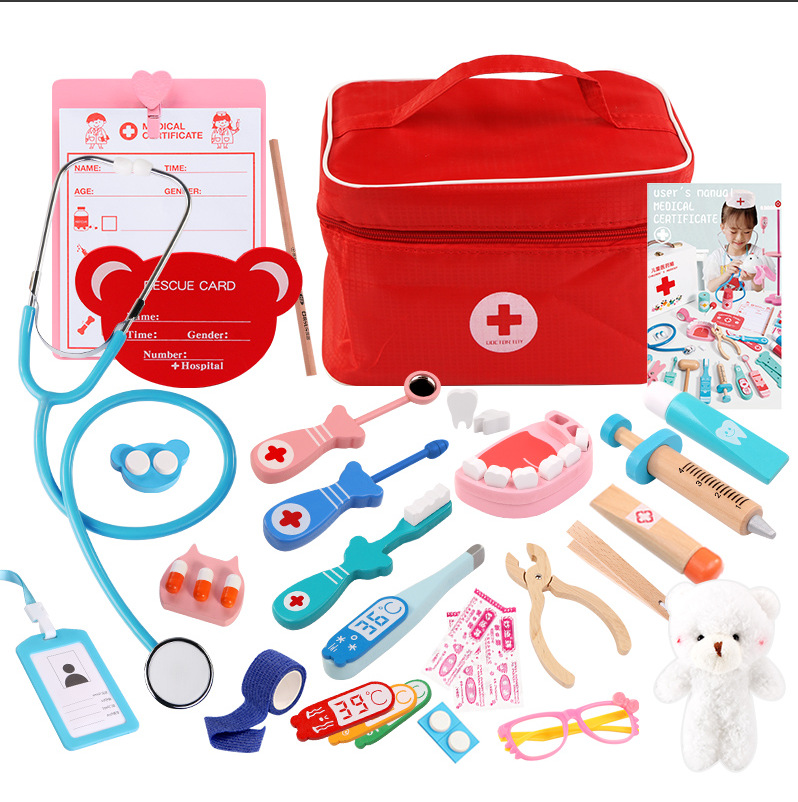 De madera de los niños simulación bolsa tela caja la medicina 0,63 Bebé y niñas jugar casa doctor inyección juguete regalo