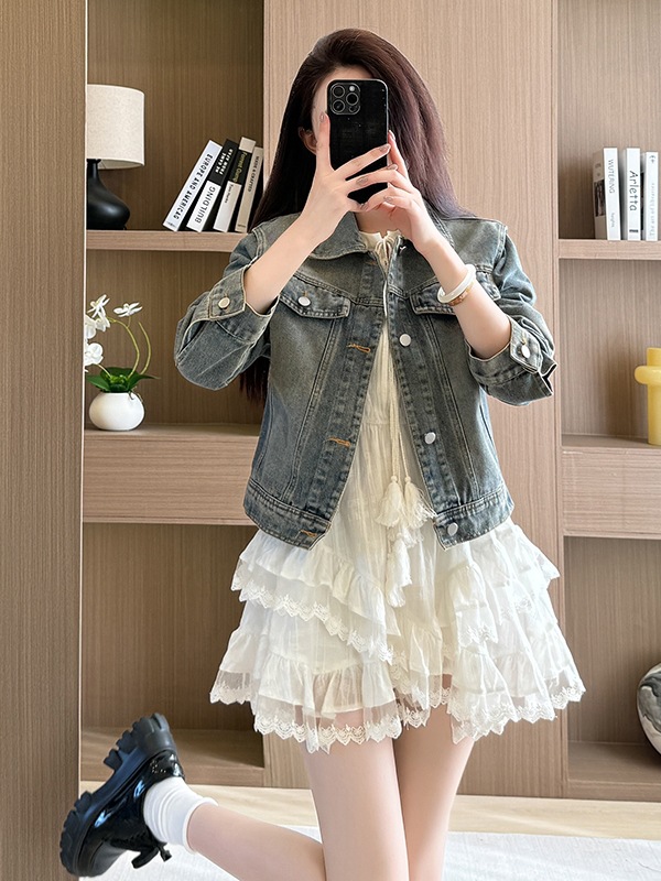 Real Shot of Denim Short Jacket for Women, Motorcycle Workwear, Commuting, Slimming and Age-Reducing