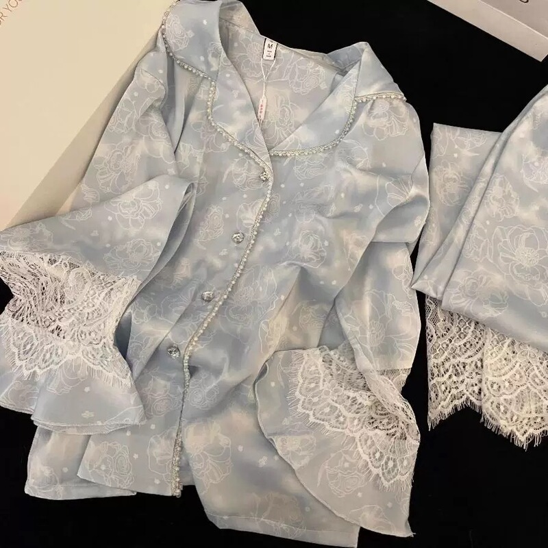 Ice Silk Pajamas Women's Pearl Spring and Autumn Summer Long-sleeved Thin Silk High-end Sense Home Clothes Ins Pajamas suit