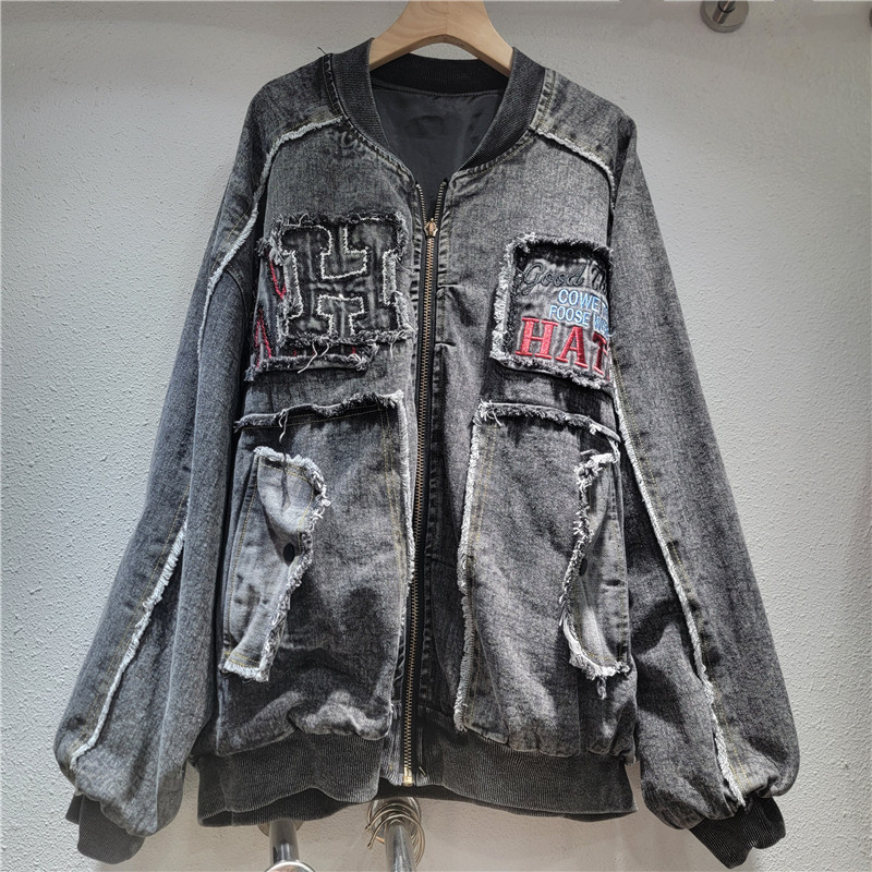 Pequeña industria de dibujos animados bordados denim chaqueta de empalme para mujeres 2025 otoño suelto casual chaqueta versátil superior