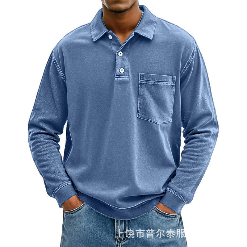 Cross-Border Foreign Trade Autumn and Winter Men's Button-Down Large Size T-Shirt Daily Series Casual Polo Shirt with Pockets and 7 Buttons