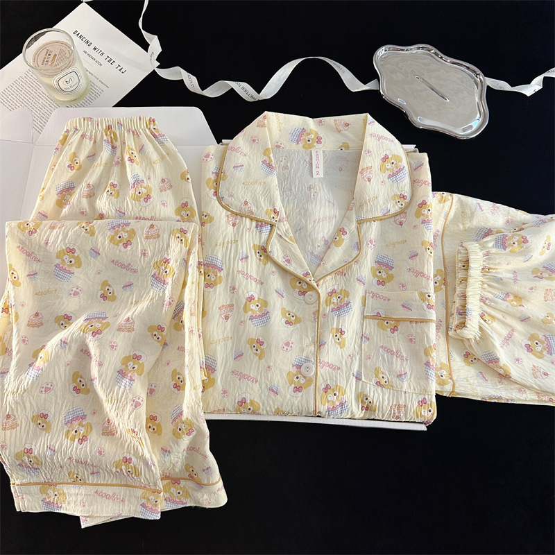 Pijamas de amor dulce de color, pantalones de manga corta de hilo de algodón de nube de verano para mujer, cárdigan de tres piezas, servicio a domicilio