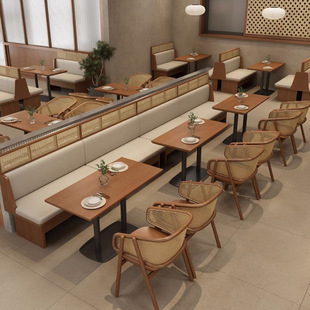 Snack Bar Dining Table, Coffee and Milk Tea Shop, Tea House, Western Restaurant, Solid Wood Booth Seating, Sofa, Rattan Chair, Light Luxury Style