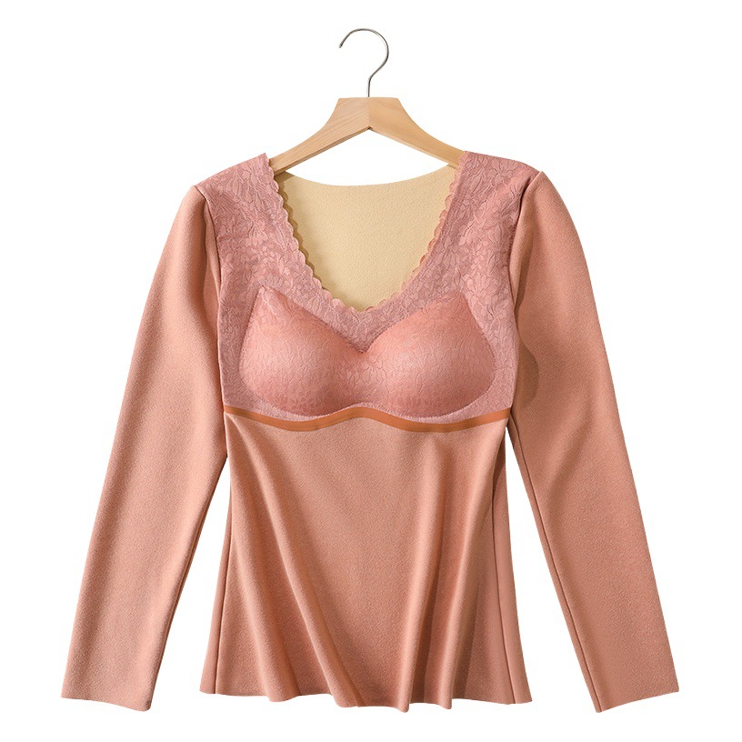 Ropa interior térmica de encaje sin costuras de terciopelo de doble cara superior de fondo engrosada de las mujeres ropa de Otoño de manga larga autocalentable con almohadilla en el pecho