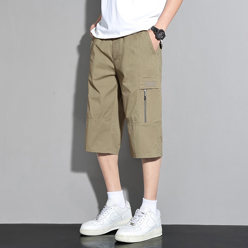 Men's Cotton Work Pants, Casual Summer Thin Loose-Fitting Outdoor Sports Straight-Leg Knee-Length 7/8 Pants