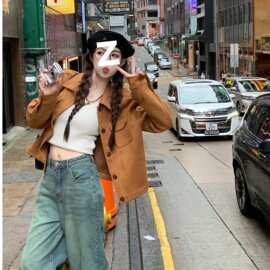 2025新款麂皮绒翻领棕色皮衣女百搭短款气质夹克外套