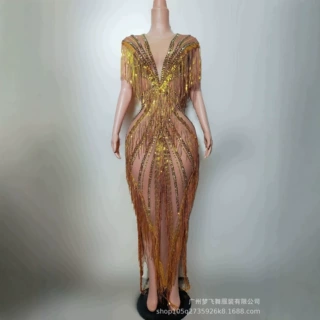 跨境歌手演出礼服派对夜店舞台装水钻透视性感长裙金色闪耀万圣节