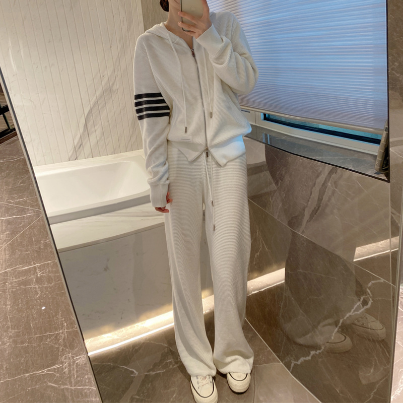 Tb Casual Sports Knitted Sweatshirt Suit Women's Hooded Jacket Autumn and Winter 25 New Wide-Leg Pants Color Two-Piece Set