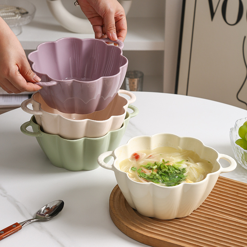 Ceramic Double-Handle Bowl, High Aesthetic Value, Large Household Bowl, Simple Cream Style, Nordic Style, Light Food Salad Noodle Bowl Ceramic Double-Handle Bowl, High Aesthetic Value, Large Household Bowl, Simple Cream Style, Nordic Style, Light Food Salad Noodle Bowl
