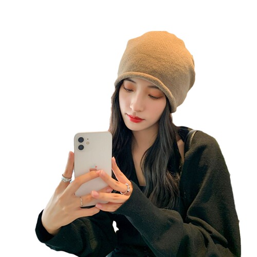 Korean style large head circumference drawstring knitted pile hat for women curled pullover cold hat showing face small Baotou confinement hat