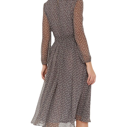 Chiffon Summer Dress with Long Sleeve, Coffee and Black Polka Dot Formal Gown