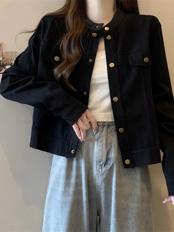 大码胖mm美式立领夹克外套女秋季2025新款爆款工装风正肩短款上衣|undefined