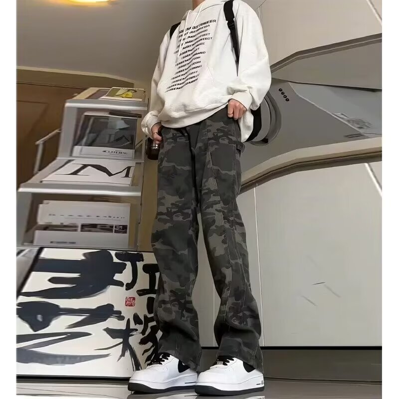 Estilo de moda estilo americano calle hip-hop overoles marca de moda alta calle retro camuflaje jeans pantalones rectos sueltos