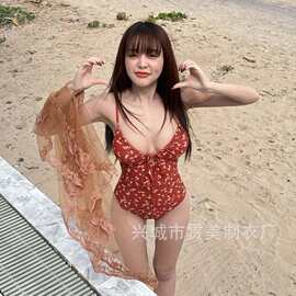 新款泰式复古ins风印花紧身露背抽绳辣妹性感连体沙滩度假泳衣女