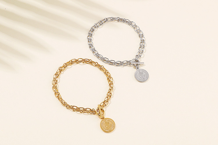 European and American hip-hop hipster bracelet necklace simple coin stainless steel jewelry set