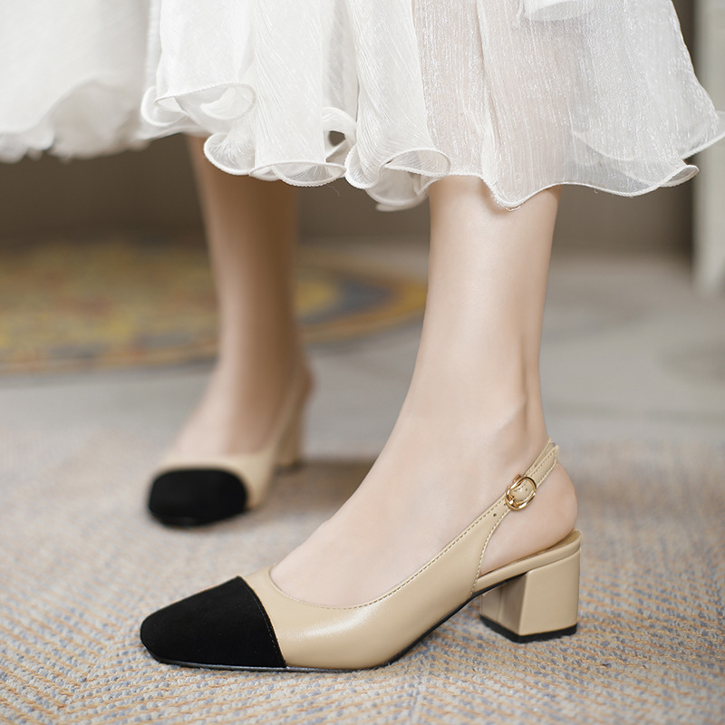 Mid-Heel Peep-Toe Sandals for Women, Round Toe, Chunky Heel, Work Shoes, Leather Casual Shoes, Trendy Women's Mid-Heel Color-Blocked Shoes