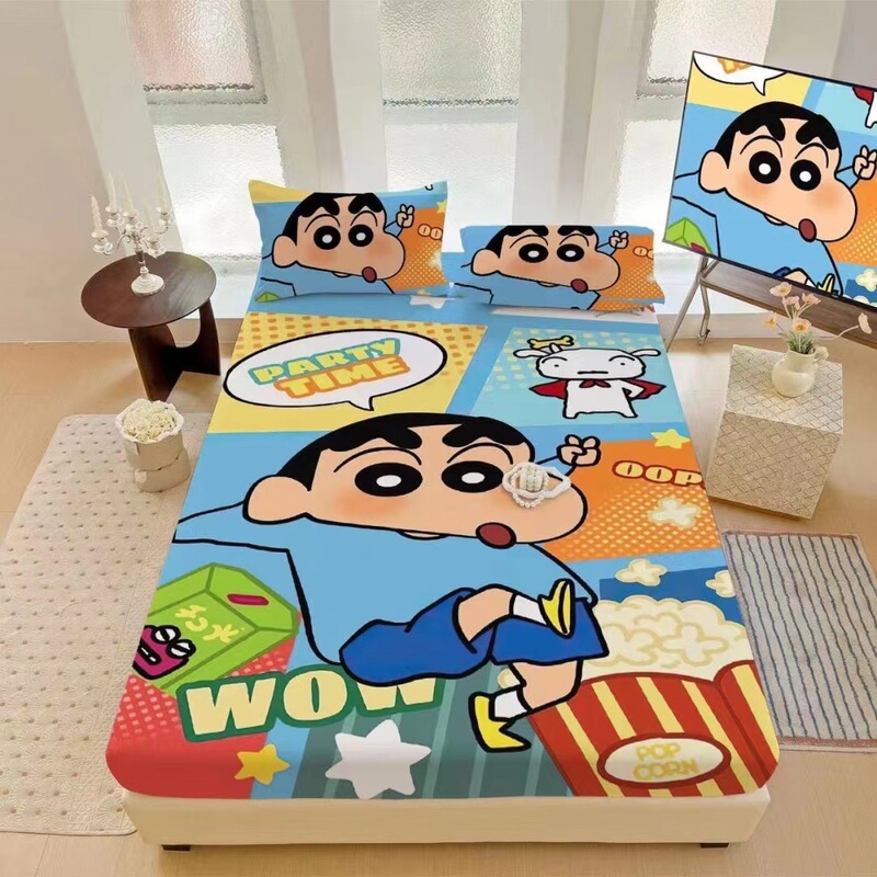 Cross-Border Large Board Cartoon Fitted Sheet Three-Piece Bed Bag Crayon Shin-Chan Kuromi Clownfish Bed Bag Double Enlarged