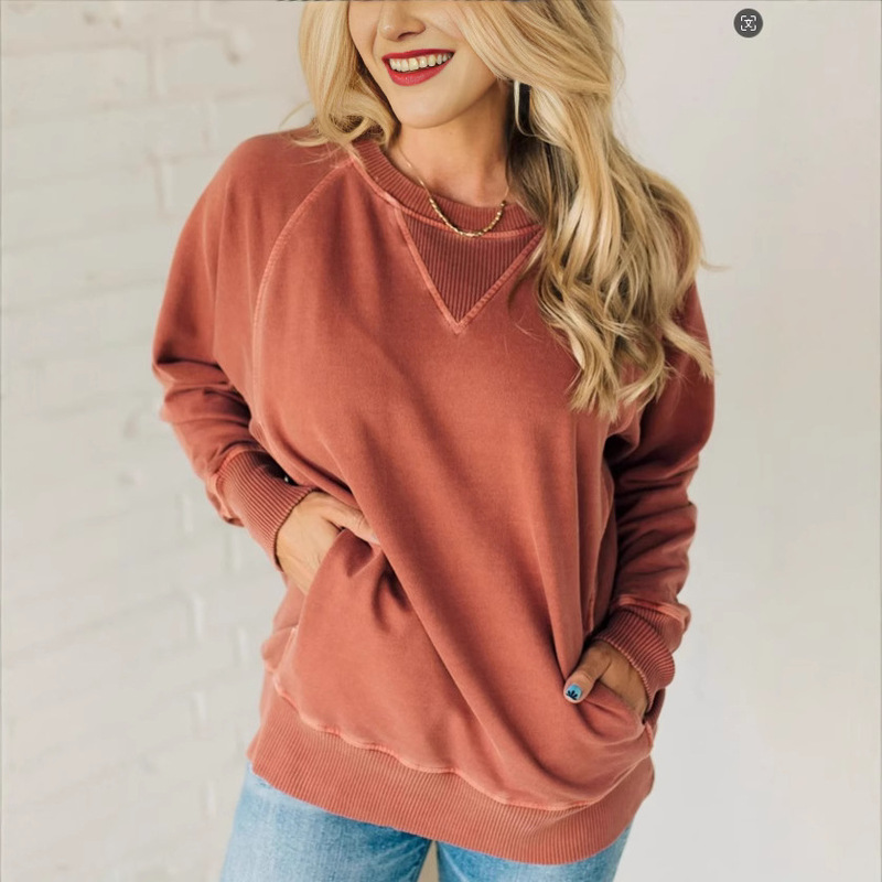 In-Stock European and American Cross-Border Autumn and Winter New Women's Ribbed Decorative Pocket Pullover Amazon Long-Sleeve Loose Sweatshirt