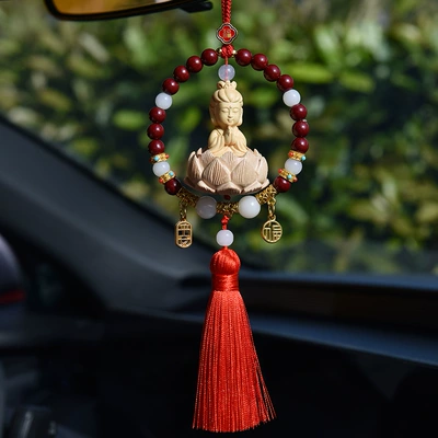 Car hanging, Eighteen Seed Beads, High-Quality Boxwood and - peaceful-blessing-guanyin-red
