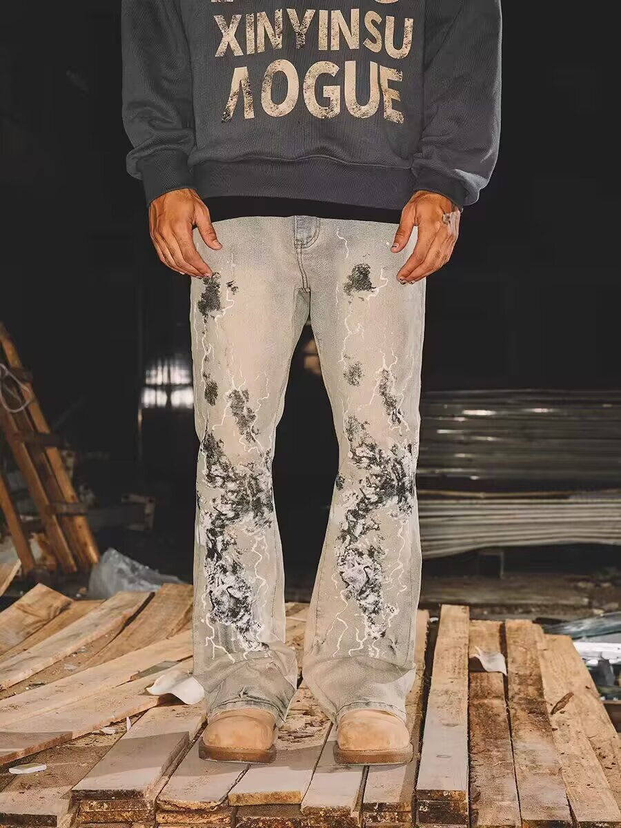 Amerikanische Micro-Pull-Jeans für Herren, bestickt, gerader Schnitt, trendige Marke, High Street, Graffiti-Trend, Retro-Freizeithose, Herren-Persönlichkeitstrend_voghion.com