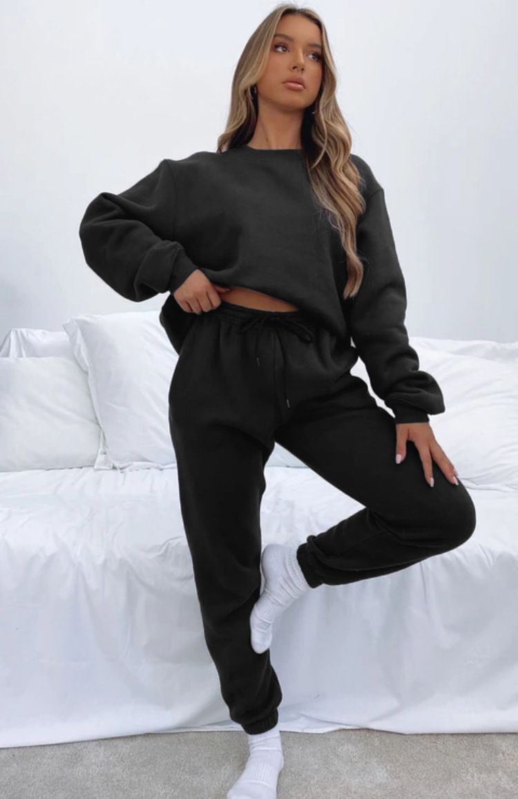 840g Weight Long Sleeve Sleeve Length Polyester Fabric Type Sweatshirt & Hoodie Co-ord Set Sets Type 2 Pieces Set Quantity Casual Occasion Round Neck Neckline Loose Fit Type Solid Color Pattern Winter, Autumn Season Women's Gender Streetwear Style Casual Women's Streetwear Solid Color Polyester Sweatshirt & Hoodie Co-ord Set Pants Sets 15
