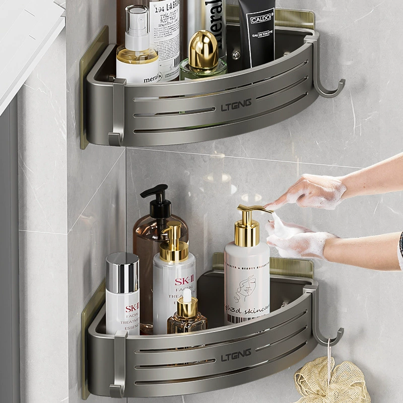 Bathroom without punching triangular storage rack bathroom corner rack wash basin storage rack space aluminum basket rack light luxury