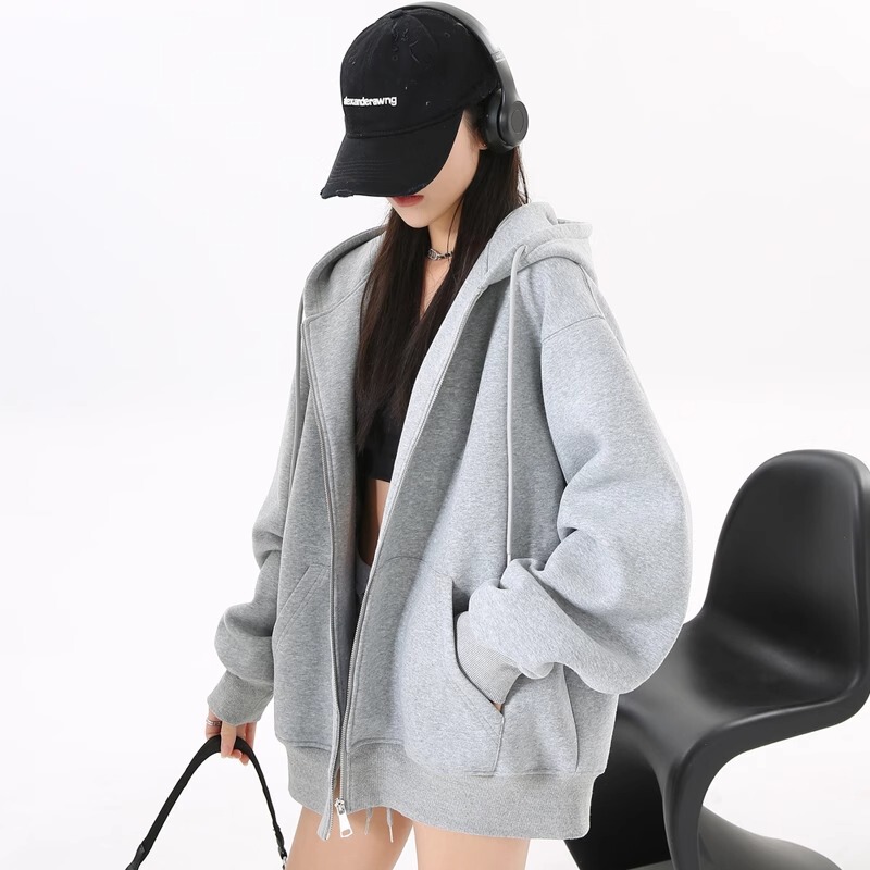 Loose Hooded Sweater 2025 New Autumn and Winter Velvet Jacket Women's Grey American Zipper Cardigan Top Spring and Autumn