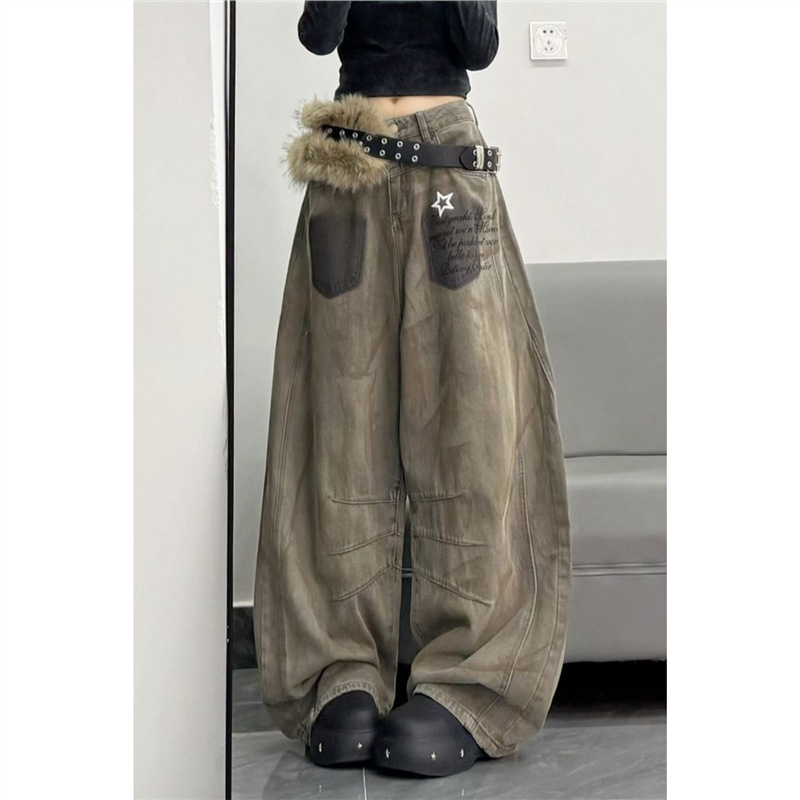 废土风涂鸦脏染工装牛仔裤女新款设计感高腰宽松显瘦拖地阔腿长裤