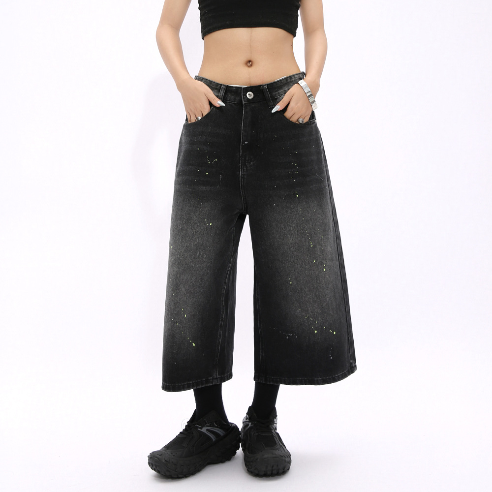 High Street Black and Gray Wide-Leg Denim Cropped Pants for Men 2025 Summer New Versatile Straight-Leg Loose Cropped Pants