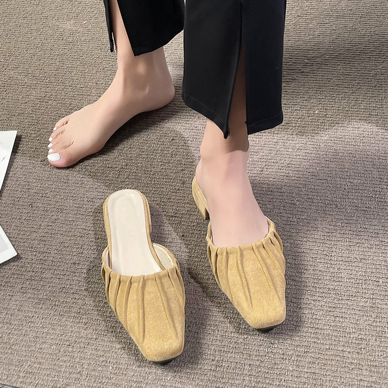 Baotou – pantoufles britanniques confortables à semelle basse et épaisse pour femmes, vêtements d'extérieur à la mode, petites pantoufles carrées pliables, nouvelle collection_voghion.com