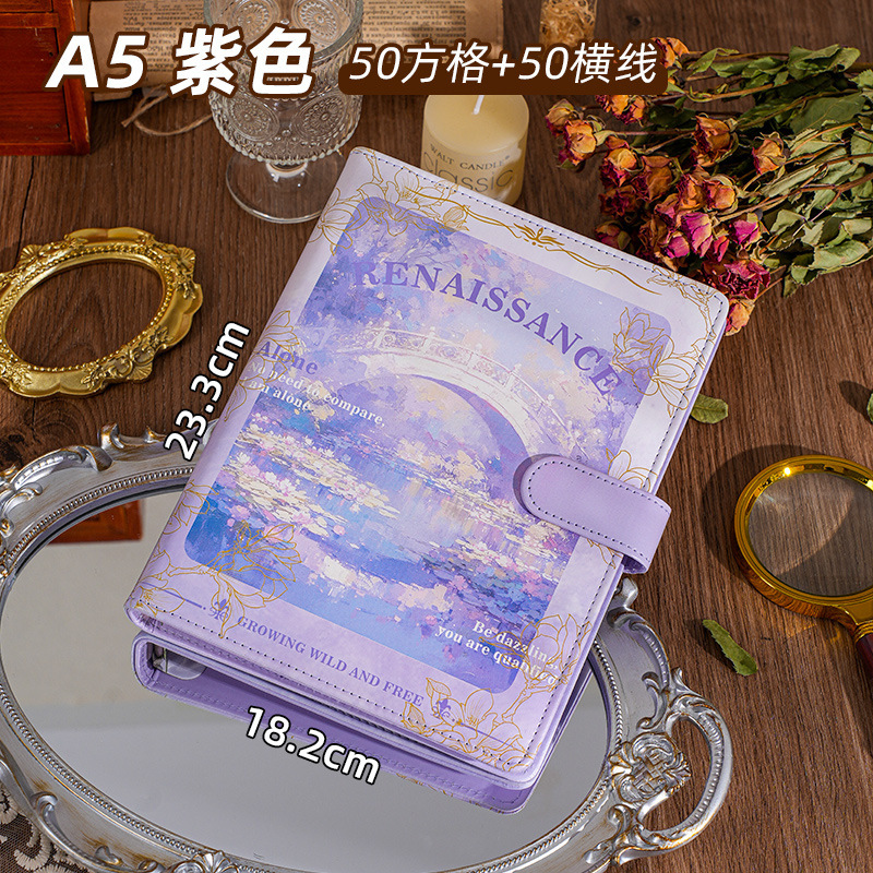 复古油画PU皮质笔记本高颜值活页厚本子日记本可拆卸A5手账本子|undefined