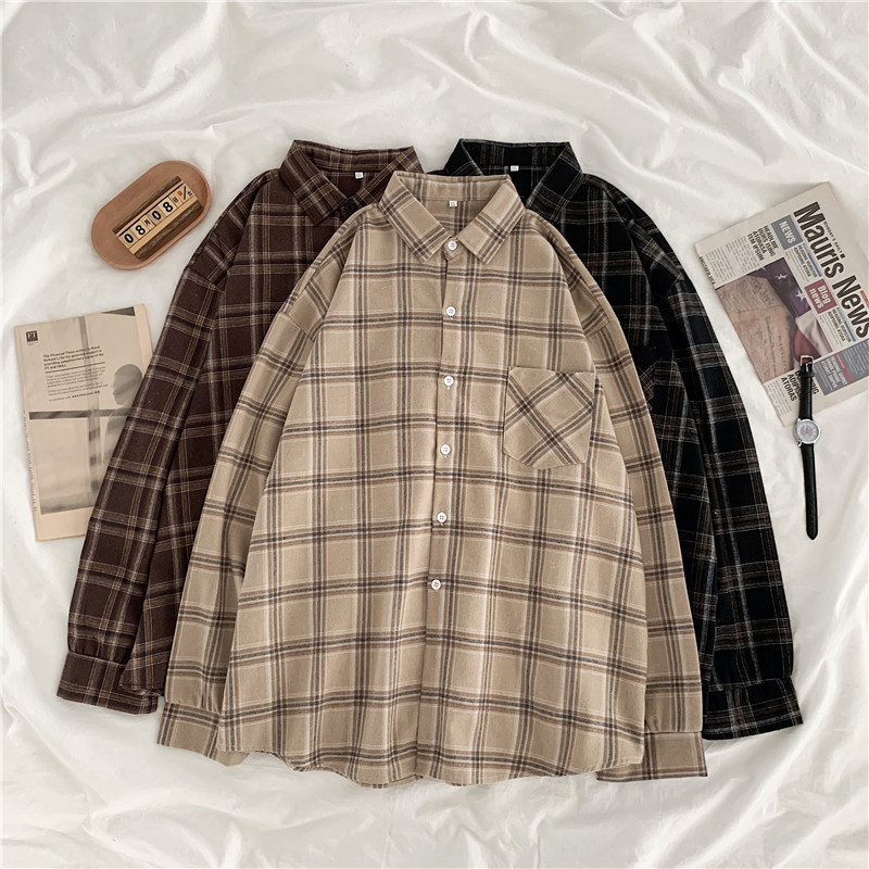 Real Shot # Autumn Korean Style Loose Mid-Length Plaid Long-Sleeved Shirt Women's Casual Tops (35 Cotton 65 Polyester