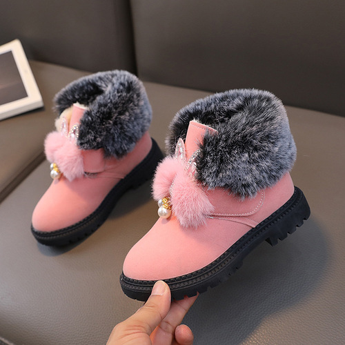Baby girl's winter velvet snow boots, girls' short boots, warm furry cute children's winter children's winter cotton shoes