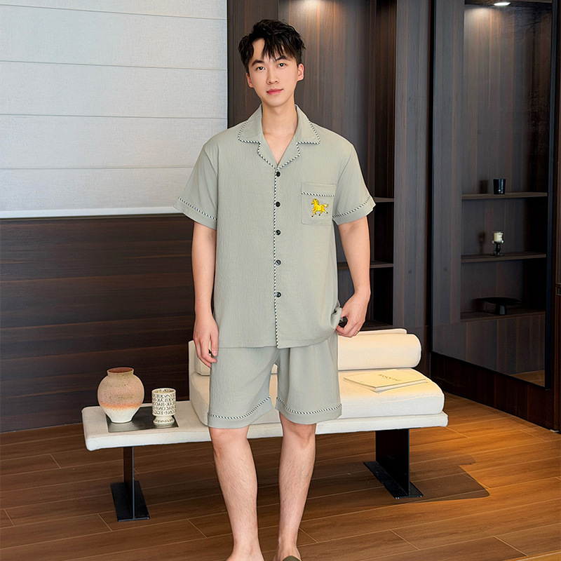 Summer New Style Cloud Cotton Men's Lapel Cardigan Short-Sleeved Shorts Pajamas Men's Casual Home Wear Set