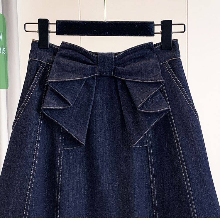 Chân váy denim dáng chữ A cạp cao có nơ, dáng midi che khuyết điểm tôn dáng — Màu xanh dương