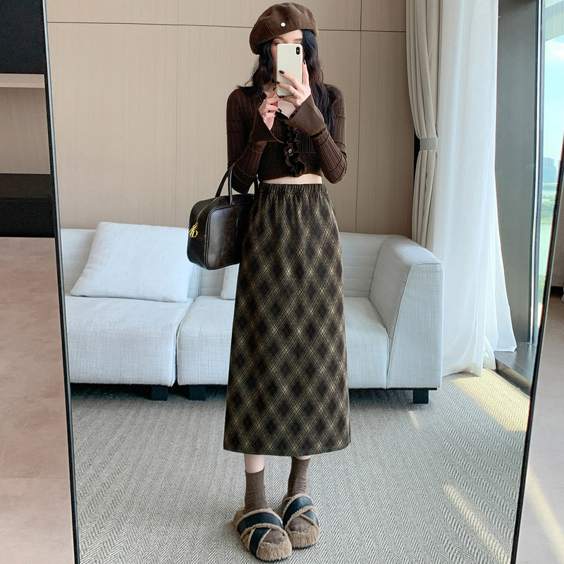 复古格子毛呢开叉半身裙女2025新款秋冬加厚松紧腰包臀显瘦中长裙|undefined