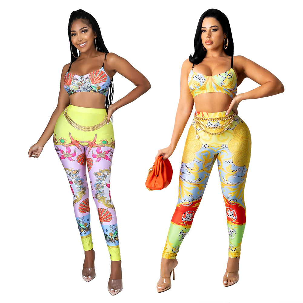 printed camisole & slim high waist pants 2-piece set NSCYF74673