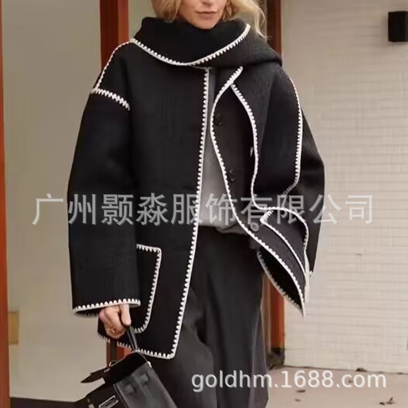 厚手のファッショナブルな両面ウールミドル丈コート、秋冬用トップス、ウール素材の韓国風ゆったりコート、スカーフ付きフリンジ付きレディースモデル|undefined