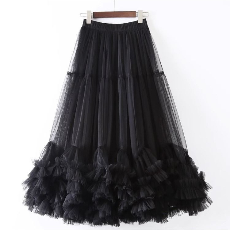 Fashionable Mesh Skirt with Oversized Hem Design, Sweet Ruffled Edge A-Line Large Flare Tutu Skirt 8023