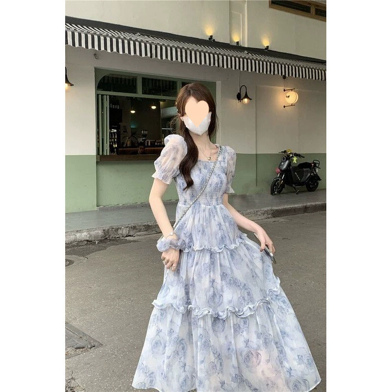 Французское летнее платье с пышными рукавами и цветочным принтом для женщин, сладкий темперамент, длинная юбка для похудения с высокой талией