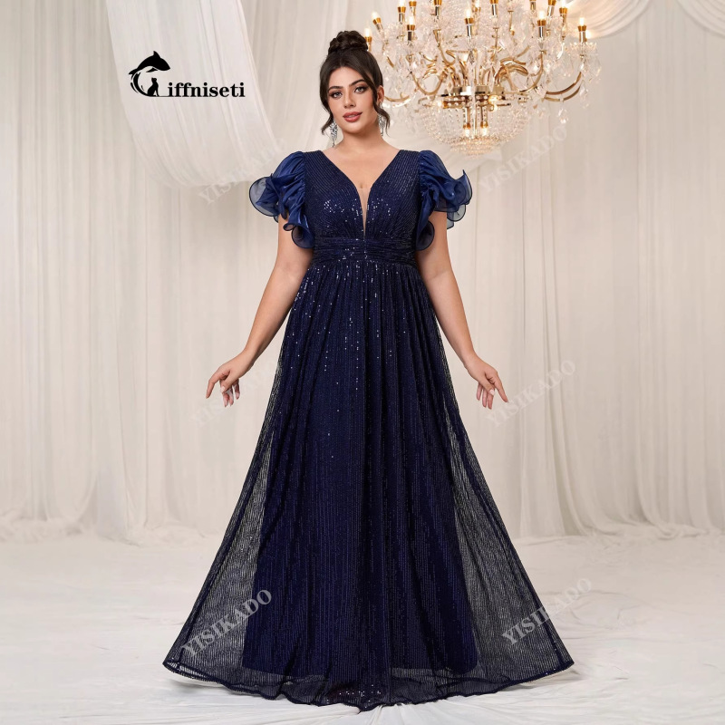 Cross-Border Plus-Size Long Evening Gown Short-Sleeve Sequin Dress Suitable for Cocktail Parties-Fmgt1862