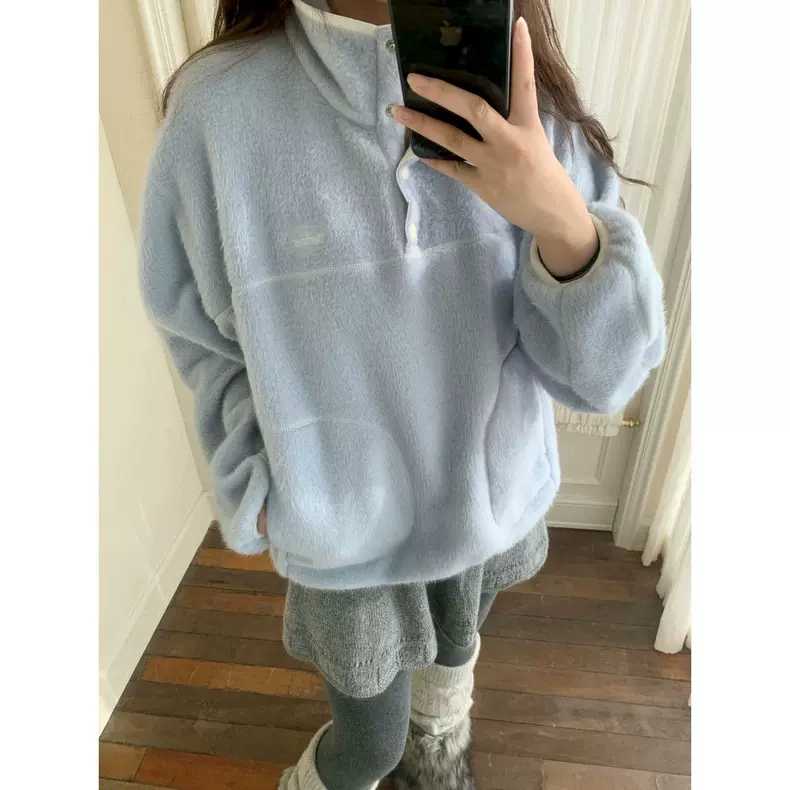 生C 2025冬季新款韩国东大门八奶宽松立领半纽扣毛绒套头卫衣外套