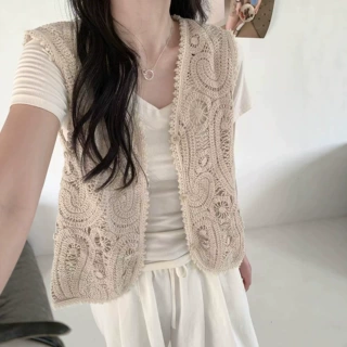 夏季新品 日系文艺小清新甜美镂空钩花针织衫马甲背心女百搭休闲