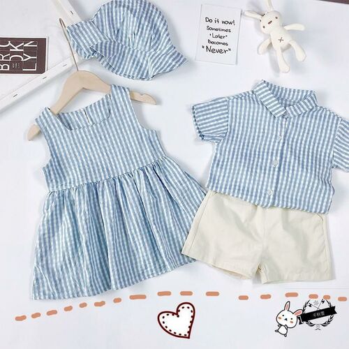 Striped dress summer 2025 children's, men and women's, baby shirt and pants suit, Western-style fashionable brother and sister dress