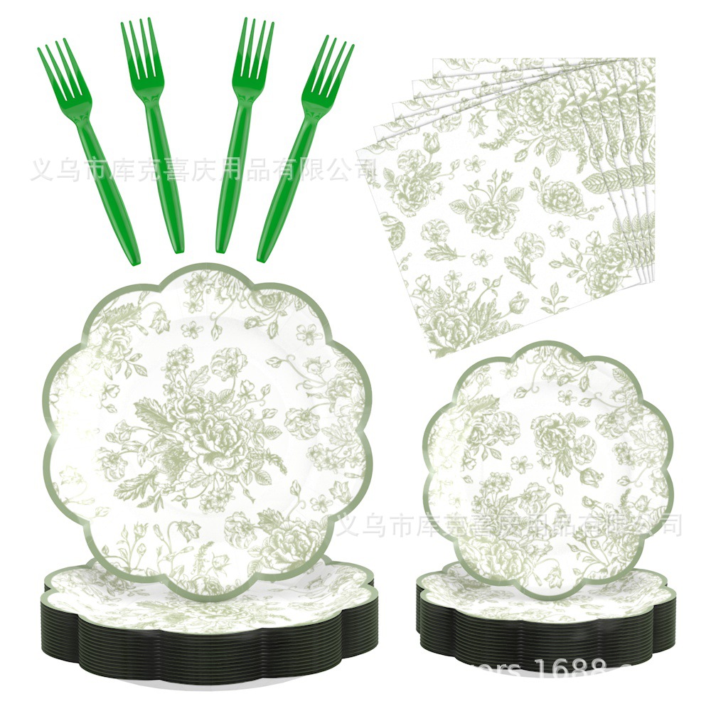 Acuarela salvia encaje fiesta platos de cumpleaños bautismo bandeja de papel desechable taza de papel conjunto de toallas de papel