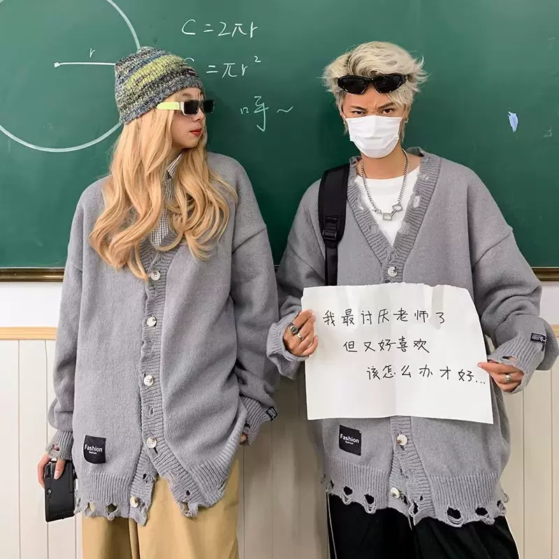 一件代发秋季日系破洞毛衣男士冬季毛线衫潮牌复古宽松男生针织衫