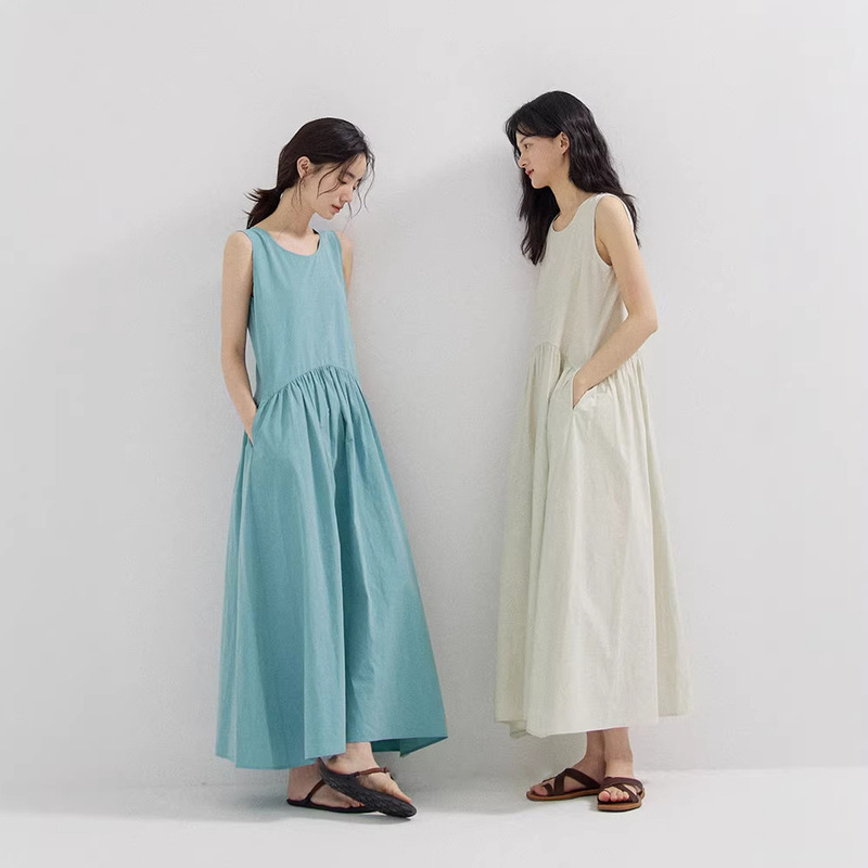 Simple Round Neck Vest Dress for Women, Summer Sleeveless Artistic Mid-Length Dress, Cotton Sleeveless-D0147