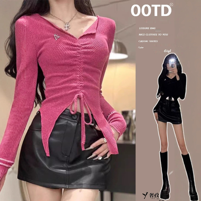 American Women's Autum Sexy Asymmetrical Slimming Look Top Design V Neck Pleated Chic Knitted T-Shirt