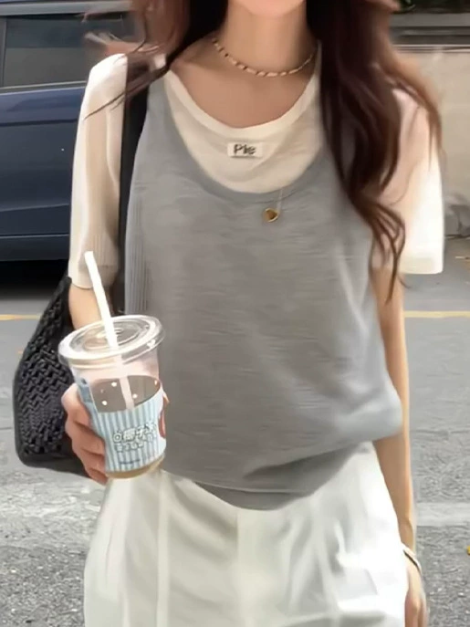 Женская футболка из двух частей с короткими рукавами, корейский шик, уникальный дизайн, универсальный, правое плечо, свободный, очень красивый летний топ.